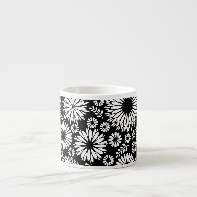 Boho Black and White Folk Flower Starburst Pattern Espresso Cup (Front)