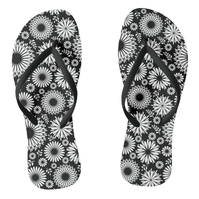 Boho Black and White Folk Flower Starburst Pattern Flip Flops (Footbed)