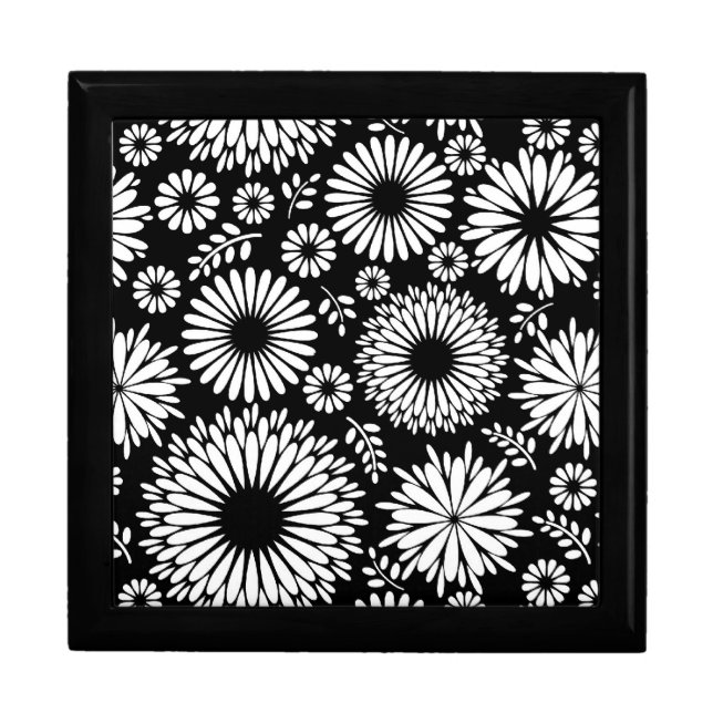 Boho Black and White Folk Flower Starburst Pattern Jewelry Box (Front)