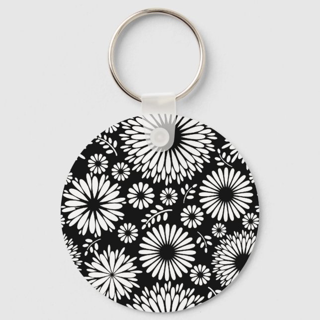 Boho Black and White Folk Flower Starburst Pattern Keychain (Front)