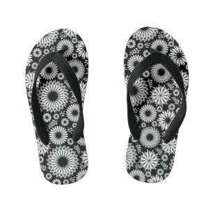 Boho Black and White Folk Flower Starburst Pattern Kid's Flip Flops