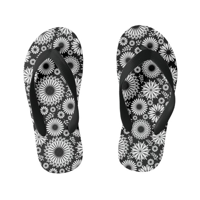 Boho Black and White Folk Flower Starburst Pattern Kid's Flip Flops (Footbed)