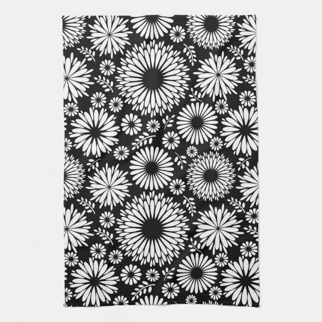 Boho Black and White Folk Flower Starburst Pattern Kitchen Towel (Vertical)