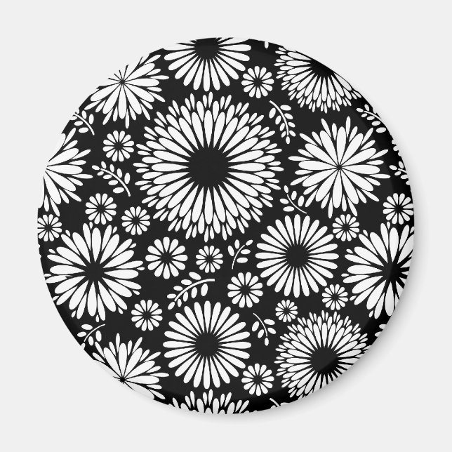 Boho Black and White Folk Flower Starburst Pattern Magnet (Front)