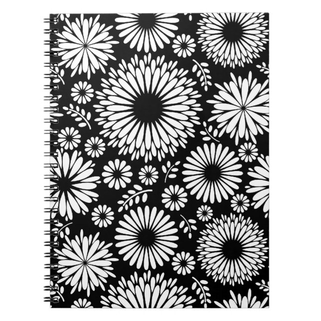 Boho Black and White Folk Flower Starburst Pattern Notebook (Front)