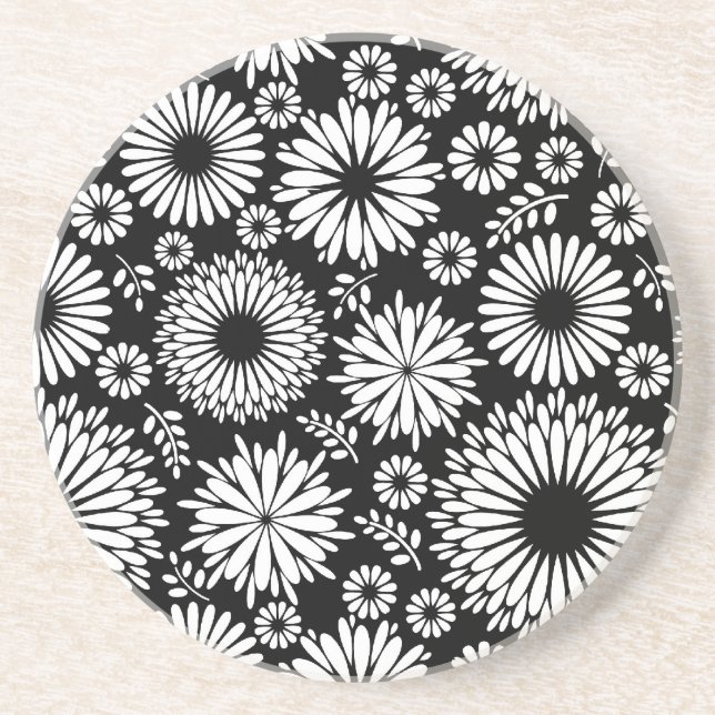 Boho Black and White Folk Flower Starburst Pattern Sandstone Coaster (Front)