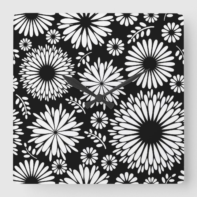 Boho Black and White Folk Flower Starburst Pattern Square Wall Clock (Front)
