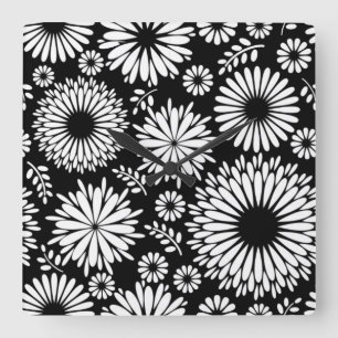 Boho Black and White Folk Flower Starburst Pattern Square Wall Clock