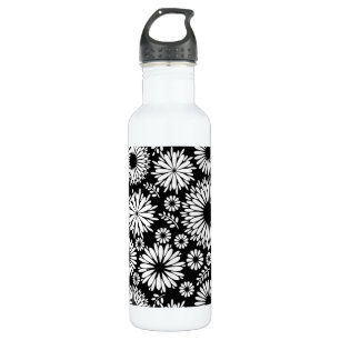 Boho Black and White Folk Flower Starburst Pattern Stainless Steel Water Bottle