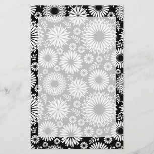 Boho Black and White Folk Flower Starburst Pattern Stationery