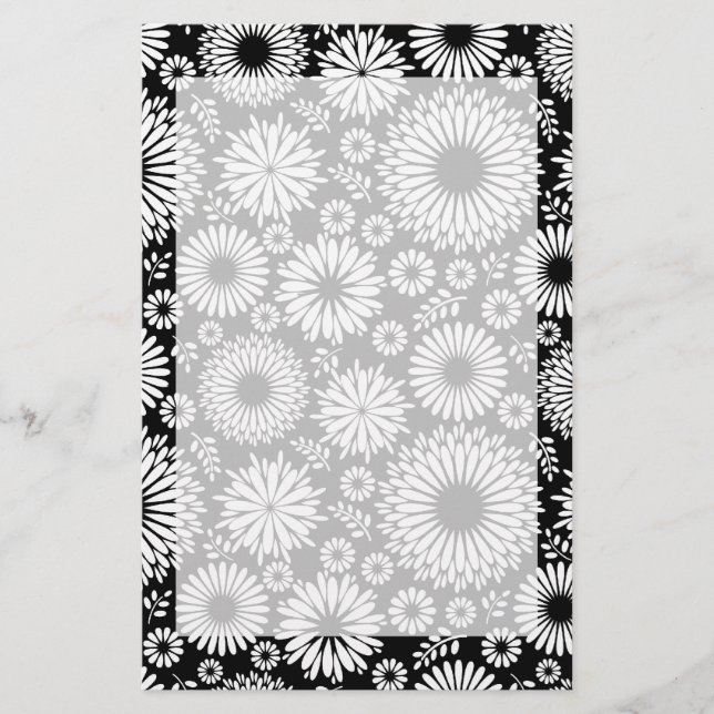 Boho Black and White Folk Flower Starburst Pattern Stationery (Front)