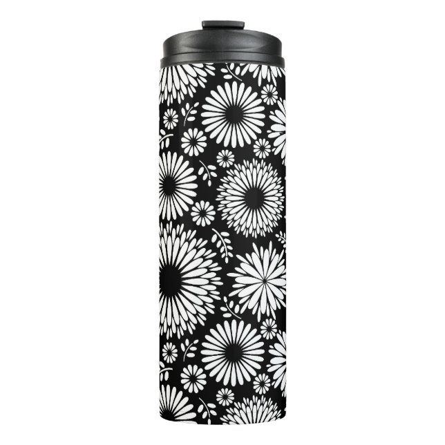 Boho Black and White Folk Flower Starburst Pattern Thermal Tumbler (Front)