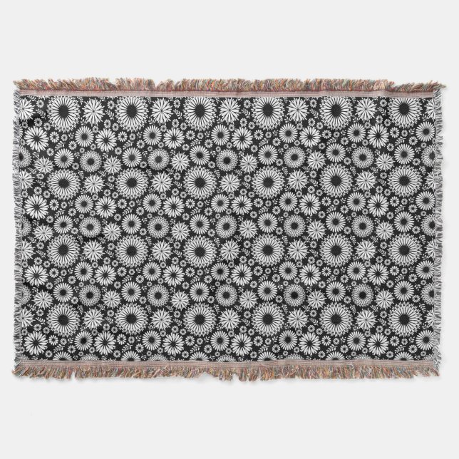 Boho Black and White Folk Flower Starburst Pattern Throw Blanket (Front)