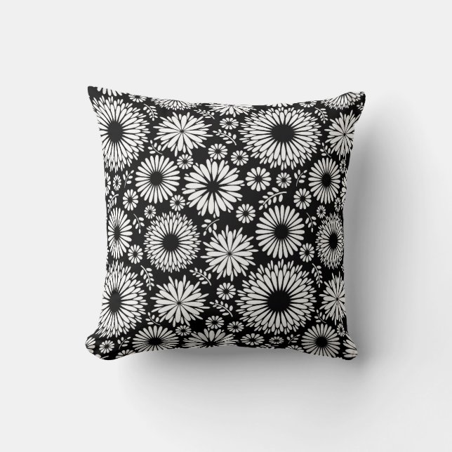 Boho Black and White Folk Flower Starburst Pattern Throw Pillow (Front)