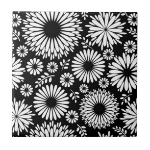 Boho Black and White Folk Flower Starburst Pattern Tile