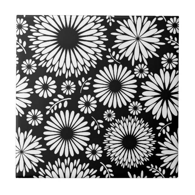 Boho Black and White Folk Flower Starburst Pattern Tile (Front)