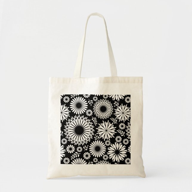Boho Black and White Folk Flower Starburst Pattern Tote Bag (Front)