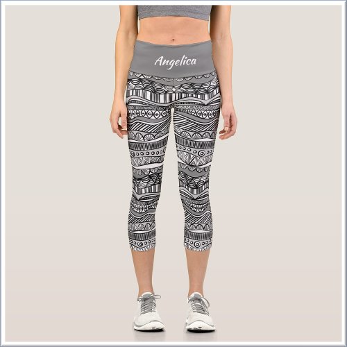 Boho Black and White Tribal Print Capri Leggings