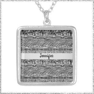 Boho Black and White Tribal Print Silver Plated Necklace