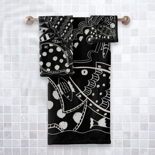 Boho Black And White Whimsical Fish Pattern  Bath Towel Set