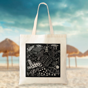 Boho Black And White Whimsical Fish Pattern Tote Bag