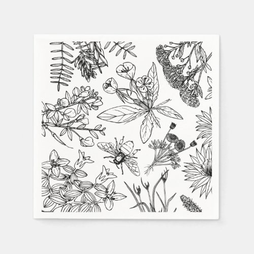 Boho Black and White Wildflower Paper Napkin