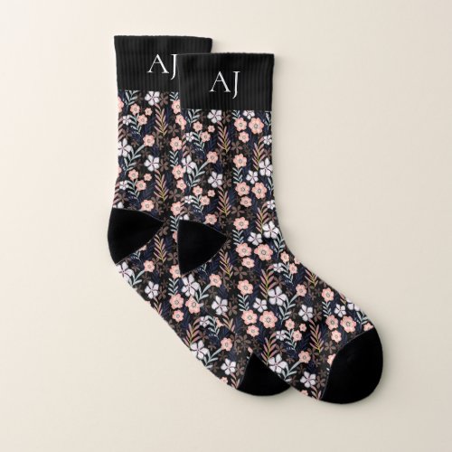 Boho Black Artistic Pink Floral Pattern Monogram Socks