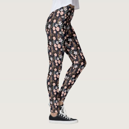 Boho Black Artistic Pink Floral Pattern Yoga Leggings