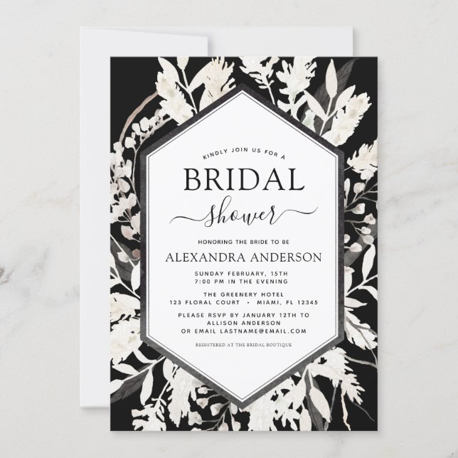 Boho Black Beige Botanical Bridal Shower Invitation (Front)