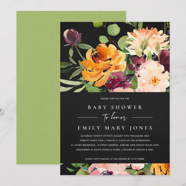 BOHO BLACK BLUSH YELLOW ORANGE FLORAL BABY SHOWER INVITATION (Front/Back)