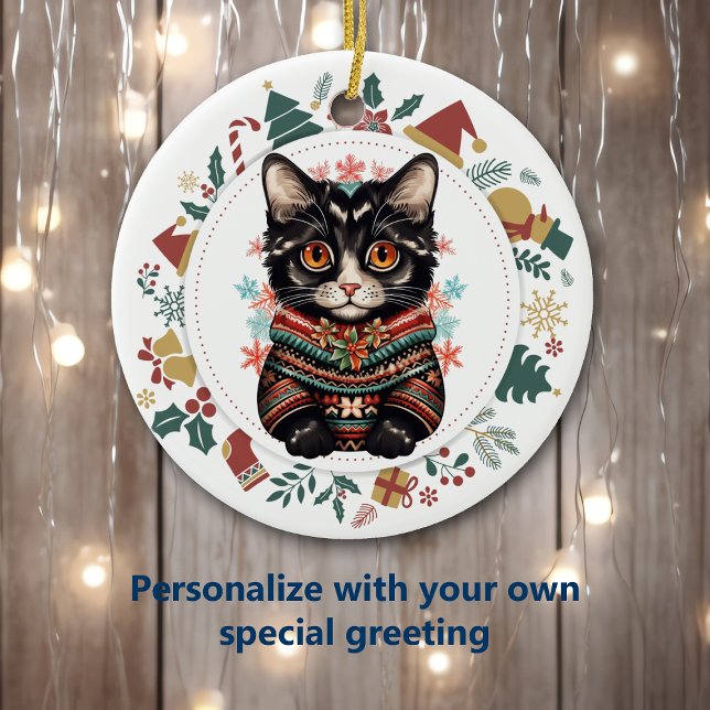 Boho Black Cat in Winter Sweater Christmas Ceramic Ornament (Creator Uploaded)