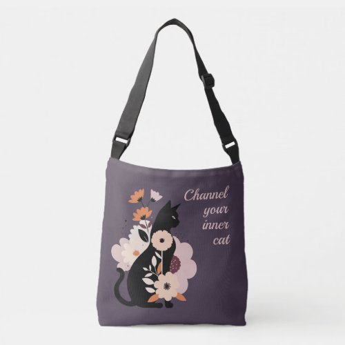 Boho black cat on purple background crossbody bag