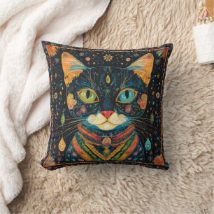 Boho Black Cat Pattern Throw Pillow