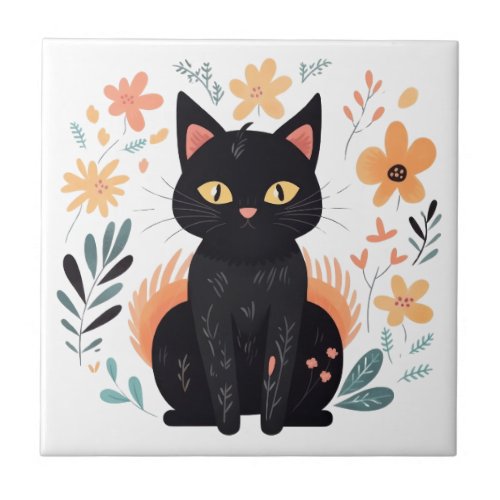 Boho Black Cat Scandinavian Folk Art Ceramic Tile