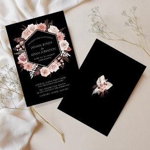Boho Black Dusty Pink Dried Flowers Wreath Wedding Invitation