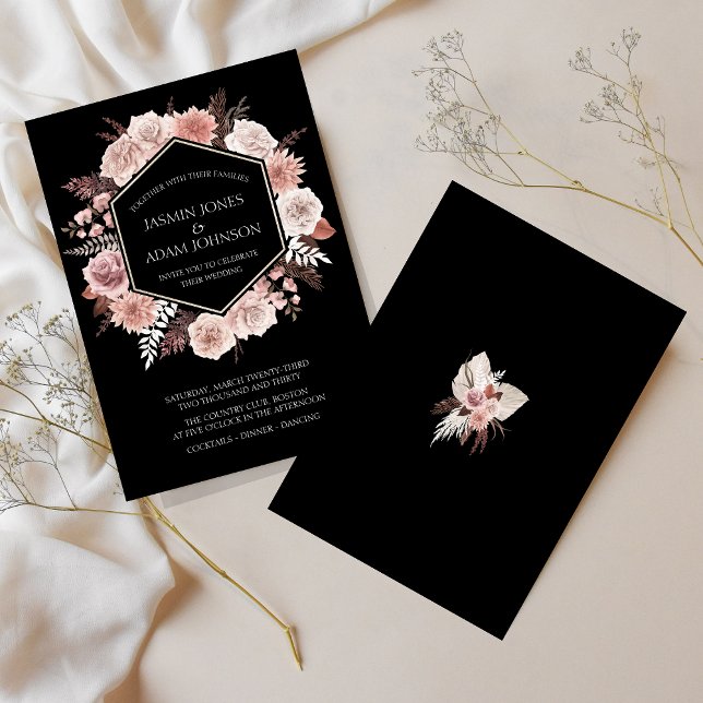 Boho Black Dusty Pink Dried Flowers Wreath Wedding Invitation (Boho Black Dusty Pink Dried Flowers Wreath Wedding Invitation)