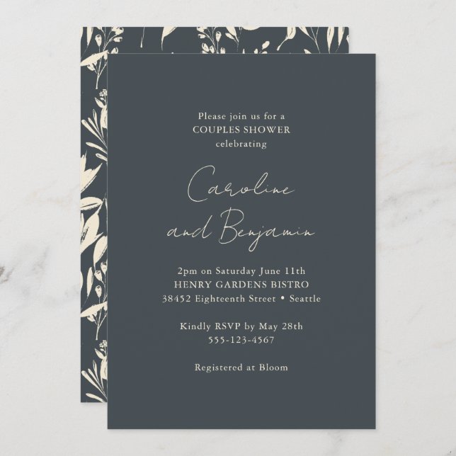Boho Black Floral Elegant Minimalist Couple Shower Invitation (Front/Back)