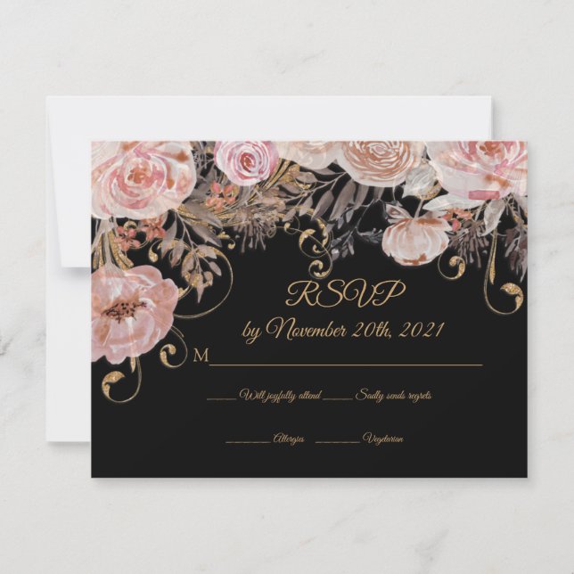 Boho Black Floral Pink Rose Gold RSVP Custom Card (Front)
