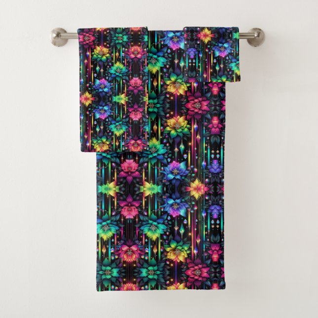 Boho Black Floral Rainbow Bath Towel Set (Insitu)