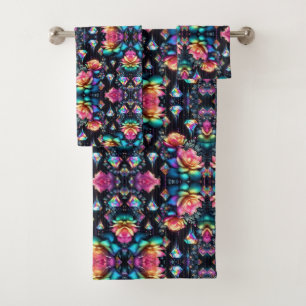 Boho Black Floral Rainbow Bath Towel Set
