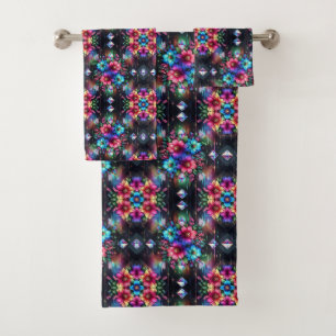 Boho Black Floral Rainbow Bath Towel Set