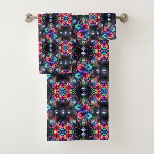 Boho Black Floral Rainbow Bath Towel Set (Insitu)