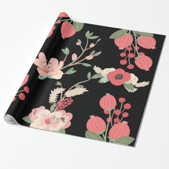 Boho Black Garden Party Floral Wrapping Paper (Unrolled)