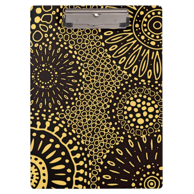Boho Black Gold Ethnic Floral Pattern Clipboard (Front)
