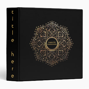 Boho Black Gold Foil Mandala Monogrammed Girly Binder