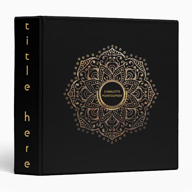 Boho Black Gold Foil Mandala Monogrammed Girly Binder (Front/Spine)