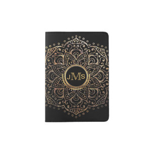 Boho Black Gold Foil Mandala Monogrammed Initials Passport Holder