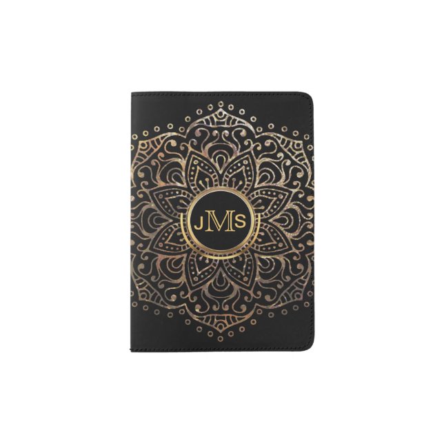 Boho Black Gold Foil Mandala Monogrammed Initials Passport Holder (Front)