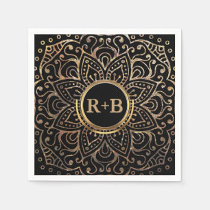 Boho Black Gold Foil Mandala Wedding Monogram Paper Napkins
