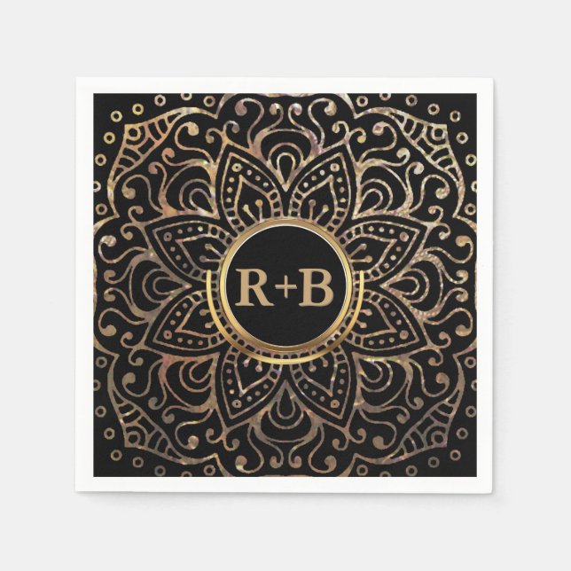 Boho Black Gold Foil Mandala Wedding Monogram Paper Napkins (Front)